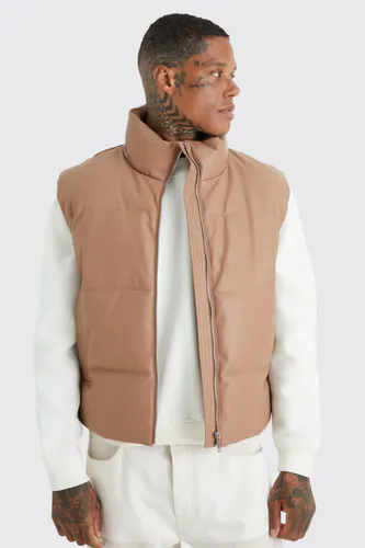 Mens Brown Pu Funnel Neck Quilted Gilet, Brown