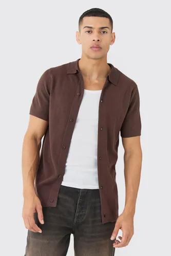 Mens Brown Regular Fit Short Sleeve Knitted Shirt, Brown