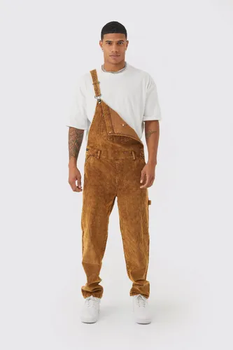Mens Brown Relaxed Acid Wash Cord Dungaree, Brown