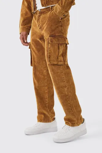 Mens Brown Relaxed Acid Wash Corduroy Cargo Trouser, Brown