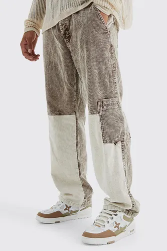 Mens Brown Relaxed Colour Block Acid Wash Cord Cargo Trouser, Brown