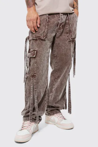 Mens Brown Relaxed Strap Detail Acid Wash Corduroy Trousers, Brown