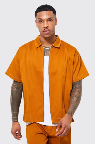 Mens Brown Short Sleeve Boxy Contrast Stitch Zip Shirt, Brown
