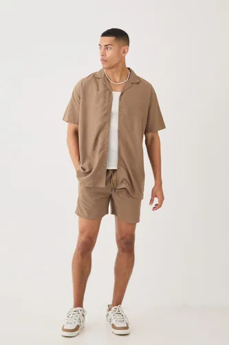 Mens Brown Short Sleeve Oversized Linen Shirt & Short Set, Brown