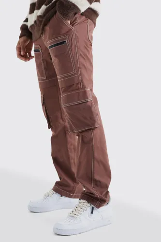 Mens Brown Slim Multi Zip Cargo Pocket Contrast Stitch Trouser, Brown