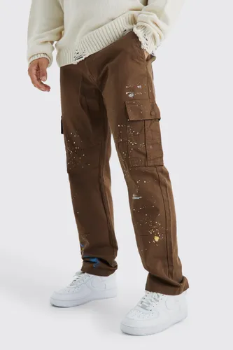 Mens Brown Straight Leg Cargo All Over Paint Splatter Trouser, Brown