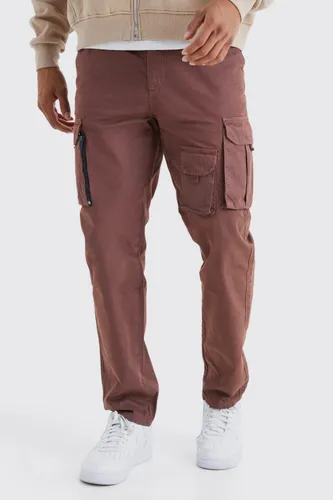 Mens Brown Straight Leg Multi Cargo Trouser With Woven Tab, Brown