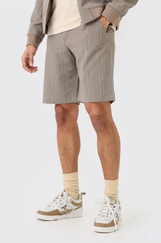 Mens Brown Stretch Textured Check Fixed Waist Shorts, Brown