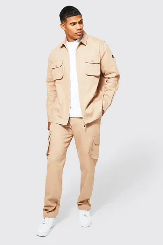 Men's Cargo Zip Shirt And Trouser Set - Beige - S, Beige