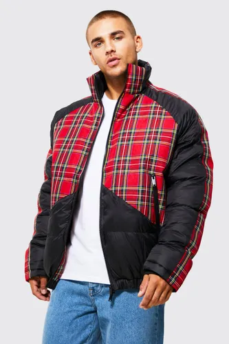 Men's Check Panel Puffer - Red - Xs, Red