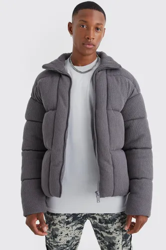 Men's Chunky Knitted Funnel Neck Puffer - Grey - S, Grey