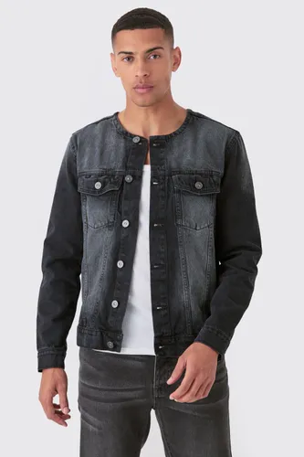 Men's Collarless Denim Jacket In Washed Black - S, Black