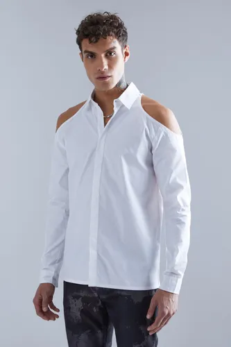 Men's Concealed Placket Shoulder Cut Out Shirt - White - M, White