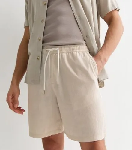 Men's Cream Linen Blend Pull On Drawstring Shorts New Look