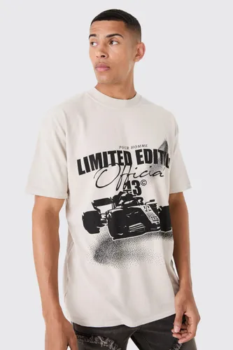 Mens Cream Loose Washed Race Car Print T-shirt, Cream