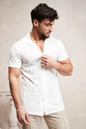 Mens Cream Muscle Fit Stripe Jersey Texture Shirt, Cream