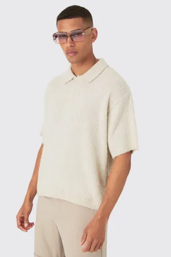 Mens Cream Oversized Boxy Boucle Knit Polo In Ecru, Cream