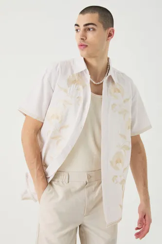 Mens Cream Oversized Concealed Placket Tonal Embroidery Shirt, Cream