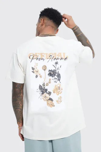 Mens Cream Oversized Floral Graphic T-shirt, Cream