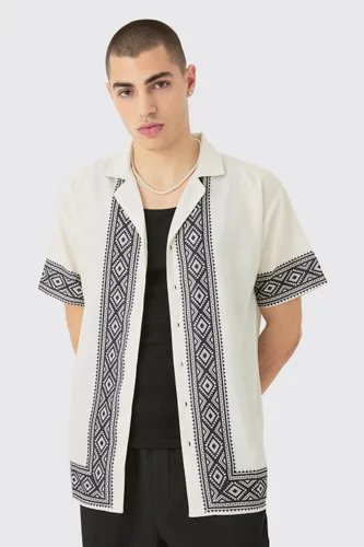 Mens Cream Oversized Linen Look Aztec Border Shirt, Cream