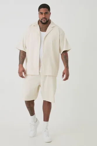 Mens Cream Plus Drop Revere Pleated Shirt & Short Set In Ecru, Cream