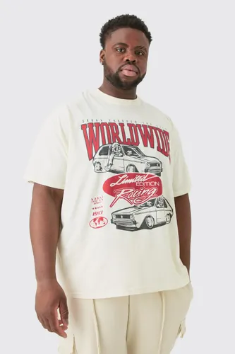 Mens Cream Plus Oversized Car Graphic T-shirt, Cream