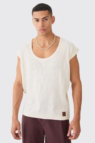 Mens Cream Relaxed Cable Knitted Vest, Cream