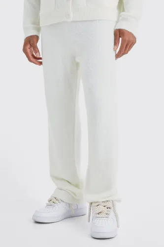 Mens Cream Relaxed Fluffy Knitted Joggers, Cream