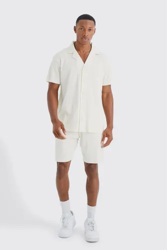Mens Cream Short Sleeve Rib Shirt And Short Set, Cream