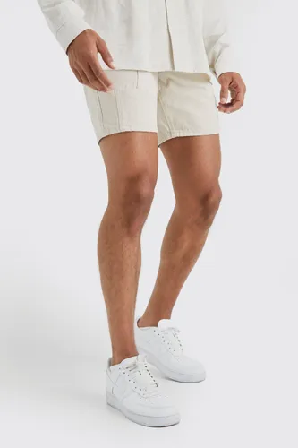 Mens Cream Slim Fit Panelled Denim Shorts, Cream