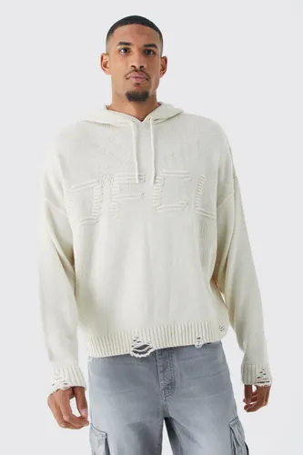Mens Cream Tall Boxy 3d Ofcl Knitted Hoodie, Cream