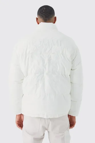 Mens Cream Tall Oversized Peached Nylon Embroidered Puffer, Cream