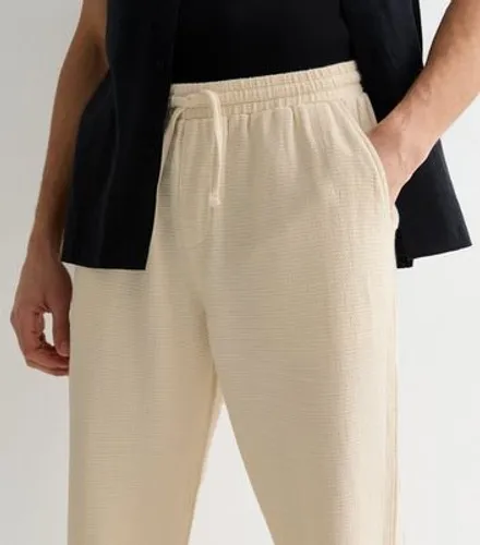 Men's Cream Textured Cotton Pull On Drawstring Trousers New Look