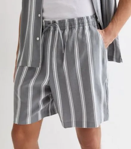 Men's Dark Grey Stripe Relaxed Fit Linen Blend Shorts New Look