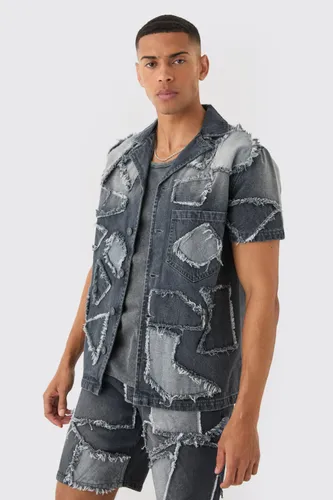 Men's Distressed Patchwork Revere Denim Shirt In Charcoal - Grey - S, Grey