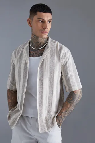 Men's Dropped Revere Linen Look Stripe Shirt - Cream - S, Cream