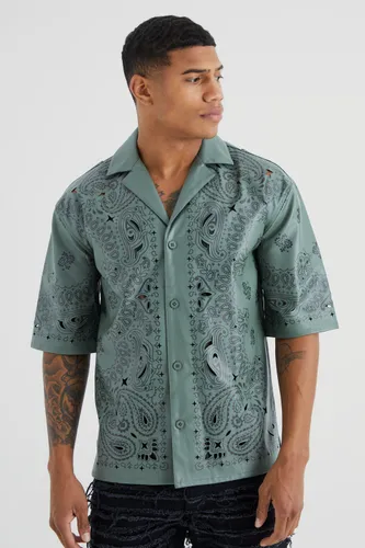 Men's Dropped Revere Pu Printed Bandana Shirt - Green - S, Green