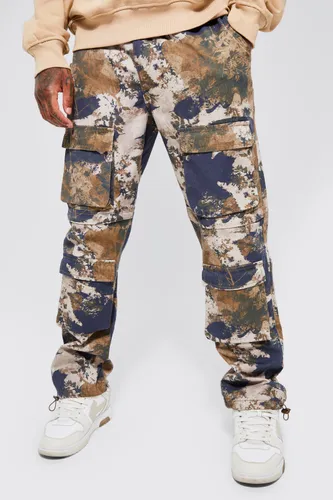 Mens Elastic Waist Forest Camo Multi Pocket Straight Fit Cargo trousers, Multi