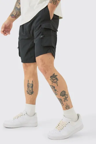 Men's Elasticated Waist 3D Zip Cargo Pocket Shorts - Black - S, Black