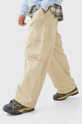 Men's Elasticated Waist Extreme Wide Fit Cargo Jeans In Ecru - Cream - 32R, Cream
