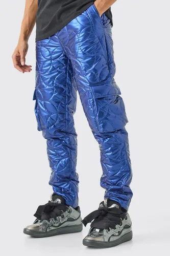 Men's Elasticated Waist Metallic Quilted Cargo Trousers - Blue - L, Blue