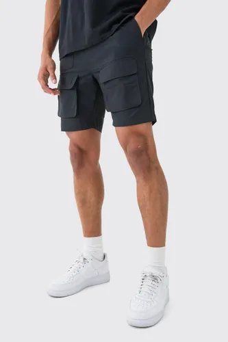 Men's Elasticated Waist Multi Cargo Pocket Shorts - Black - S, Black