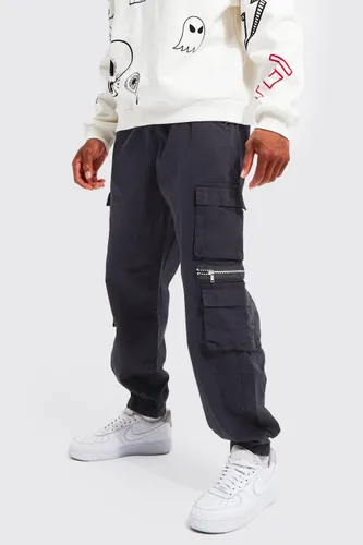 Men's Elasticated Waist Multi Pocket Zip Cargo Trouser - Black - S, Black