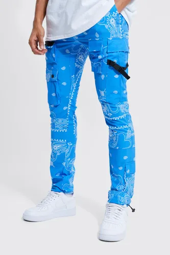 Men's Elasticated Waist Slim Fit Strap Detail Bandanna Print Cargo Trousers - Blue - Xl, Blue