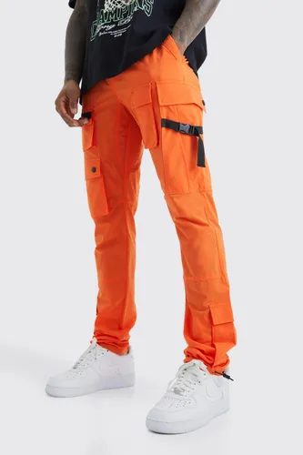 Men's Elasticated Waist Slim Multi Cargo Strap Trouser - Orange - S, Orange