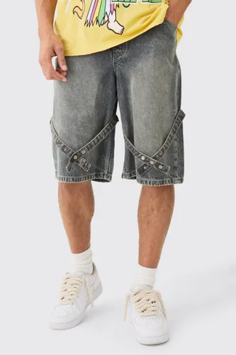 Men's Elasticated Waist Strap Detail Denim Shorts In Antique Grey - 32, Grey