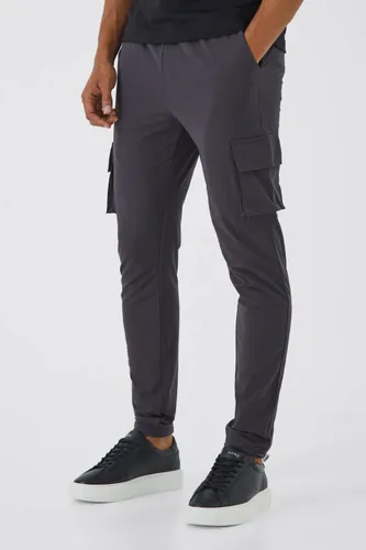 Men's Elasticated Waist Technical Stretch Skinny Cargo Trouser - Grey - S, Grey