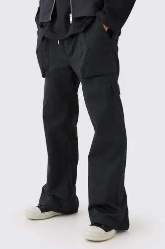 Men's Elasticated Waist Zip Hem Flared Cargo Trousers - Black - S, Black