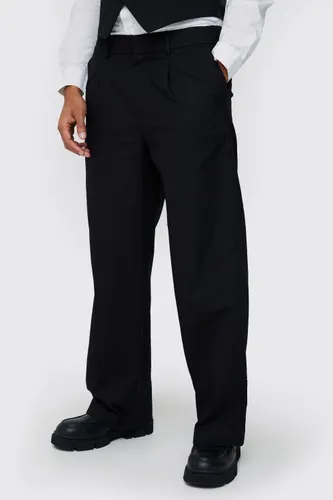 Men's Elasticated Waistband Linen Blend Wide Leg Trousers - Black - 28, Black