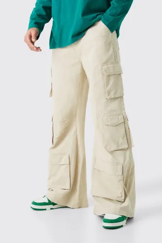 Men's Extreme Baggy Rigid Multi Cargo Pocket Trousers - Beige - 34, Beige